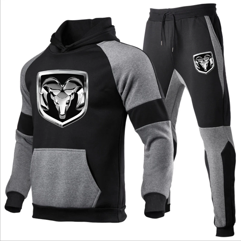 

2023 Spring Autumn New Set Dodge RAM Logo Print Custom Made Warm Man Pullover Hoodie+Pants Casual Spliced Sportswear Men Suit