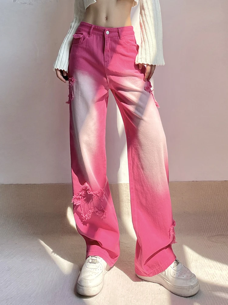 Korean Fashion Pink Baggy Jeans Women 2023 New Trend Spring Autumn High Waist Straight Wide Leg Trousers Women Pants Streetwear