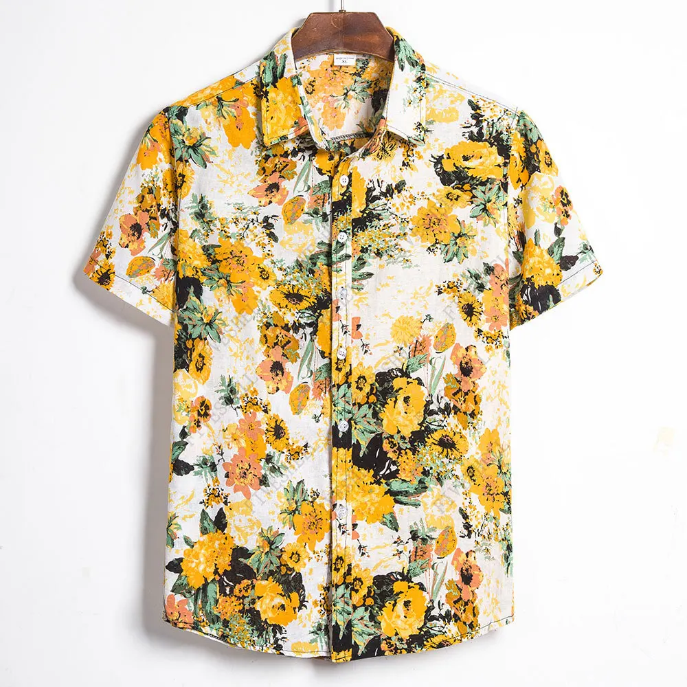 2023 Floral Print Cotton Linen Shirt Men Short Sleeve Button Up Beach Hawaiian Shirt Men Party Holiday Vacation Shirts 5XL