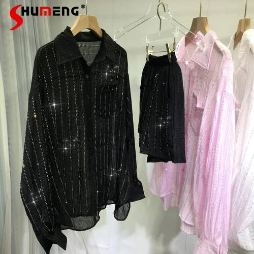 

Heavy Embroidery Hot Drilling Shirt Women Sweet Pink Striped Shirts Loose Mid-Length Blouse Tops Summer Casual Sport Shorts Set