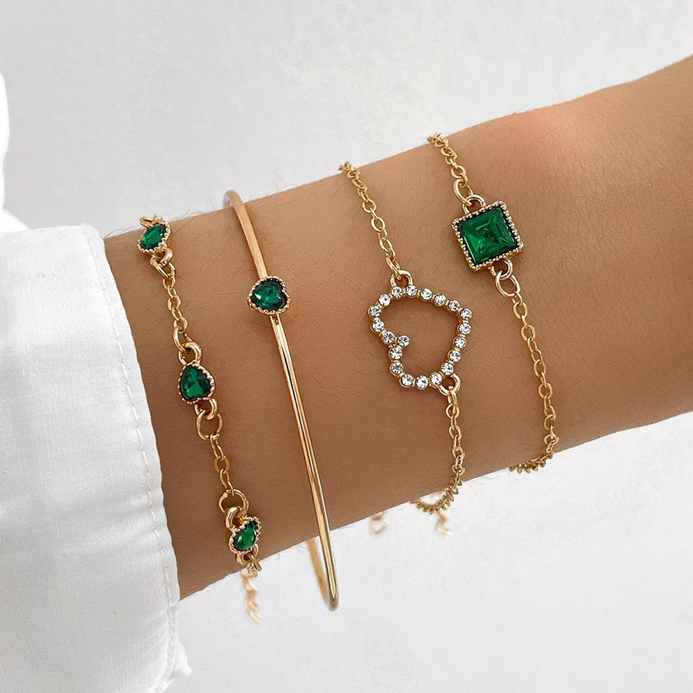 

Red Green Blue Square Heart Crystal Bracelets Set For Women Fashion Gold Silver Color Chain Charm Bracelet Female Party Jewelry
