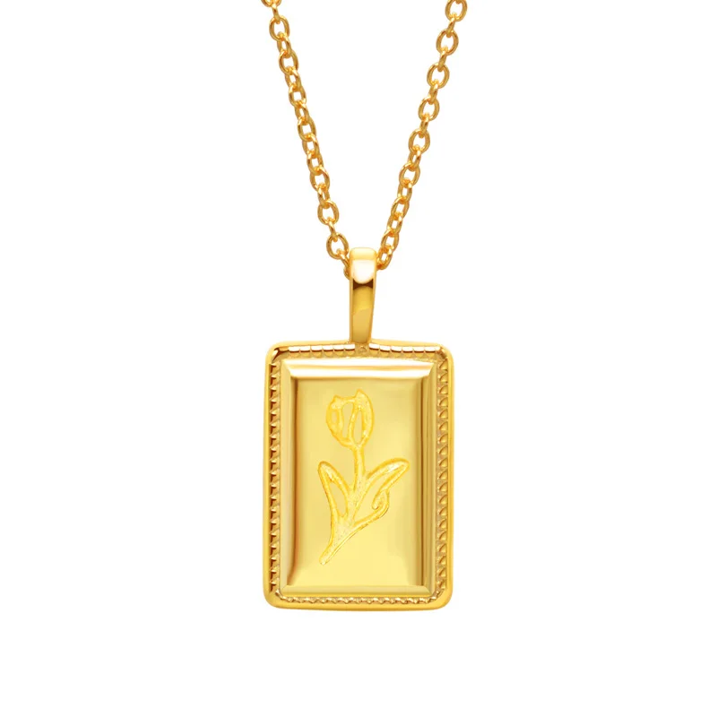 

2023 Fashionable New European and American s925 Simple Flower 3D Rose Square Plate Clavicle Necklace Emblem Pendant