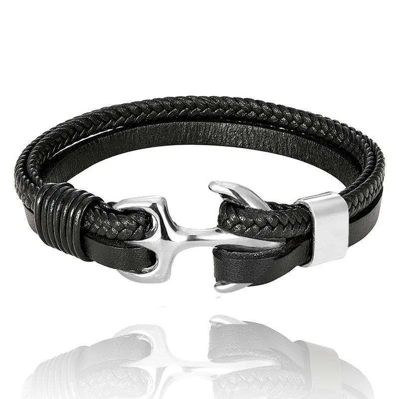 Лидер продаж плетеный кожаный браслет из нержавеющей стали с якорем