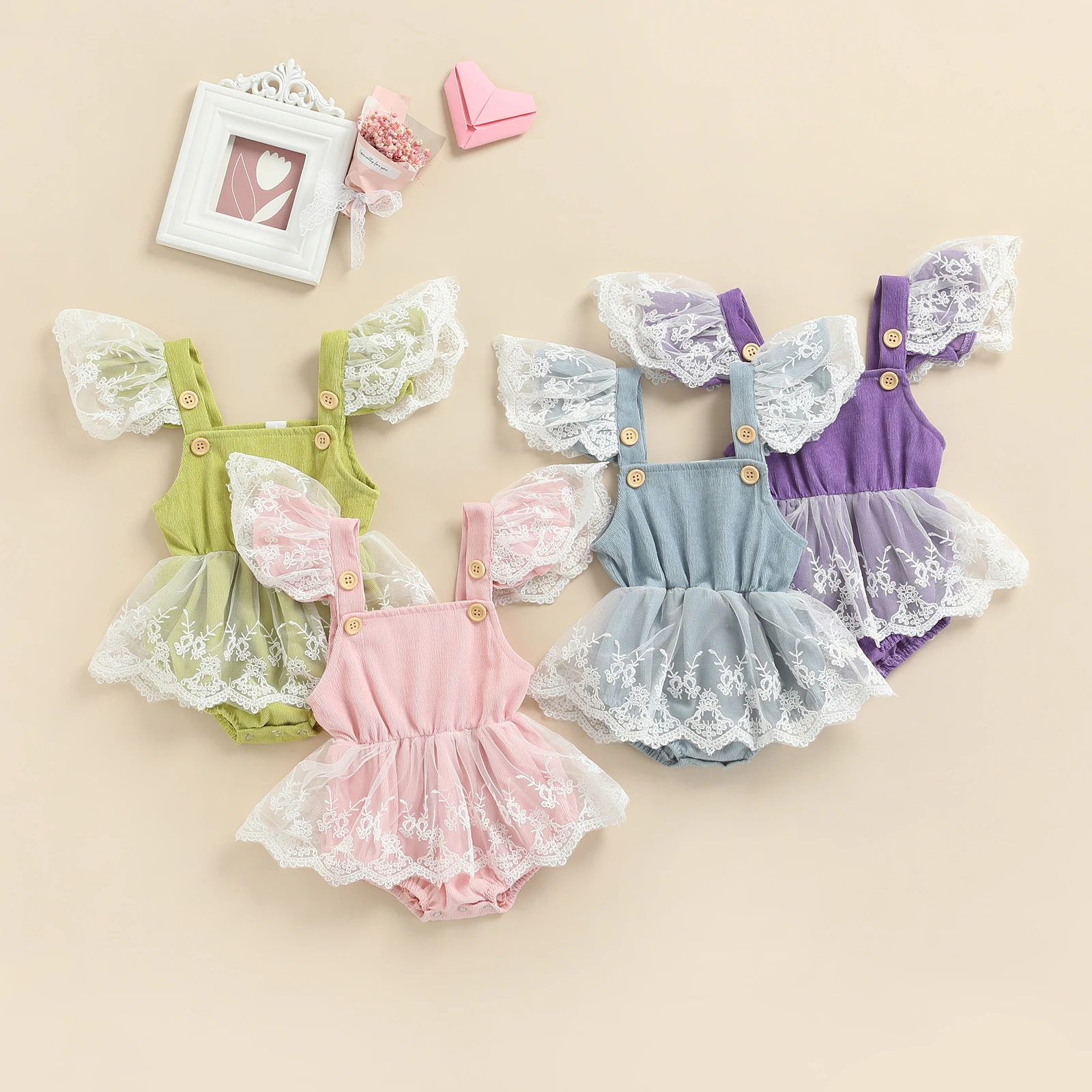 

Summer Baby Girls Sweet Sleeveless Rompers with Lace Stitching Decoration Infant Adjustable Shoulder Strap Buckle Tight Outfits