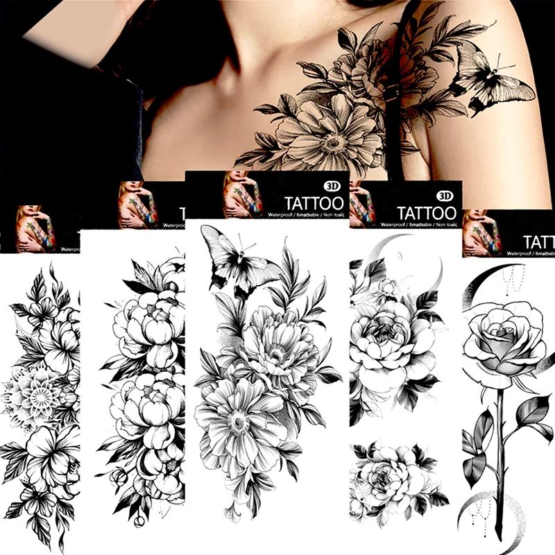 

Водостойкие Временные татуировки для красоты здоровья, черные цветы, розы, флеш-арт, боди-арт, Женский рукав, имитация татуировки, наклейка, 1 шт.
