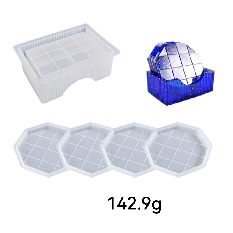 5 Piece Set DIY Circular Coaster Mold Epoxy Resin Mould Hexahedron Octagon Coaster Silicone Mold Checkerboard Grid Cup Mat Mould