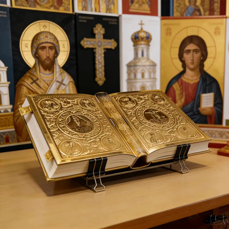Фото Винтажная позолоченная православная книга Священного Писания с эмалевыми иконами святых для церковной литургии, домашнего алтаря, молитв, подарок для христианской веры №2