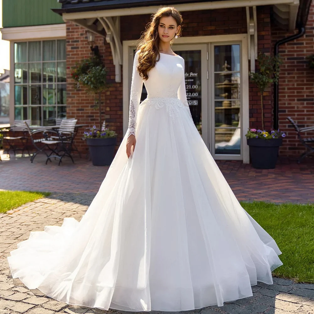 

O Neck Full Sleeve Wedding Dresses for Bride A-Line Court Train Illusion Bridal Gowns Beading Custom Made 2023 Robe De Mariée