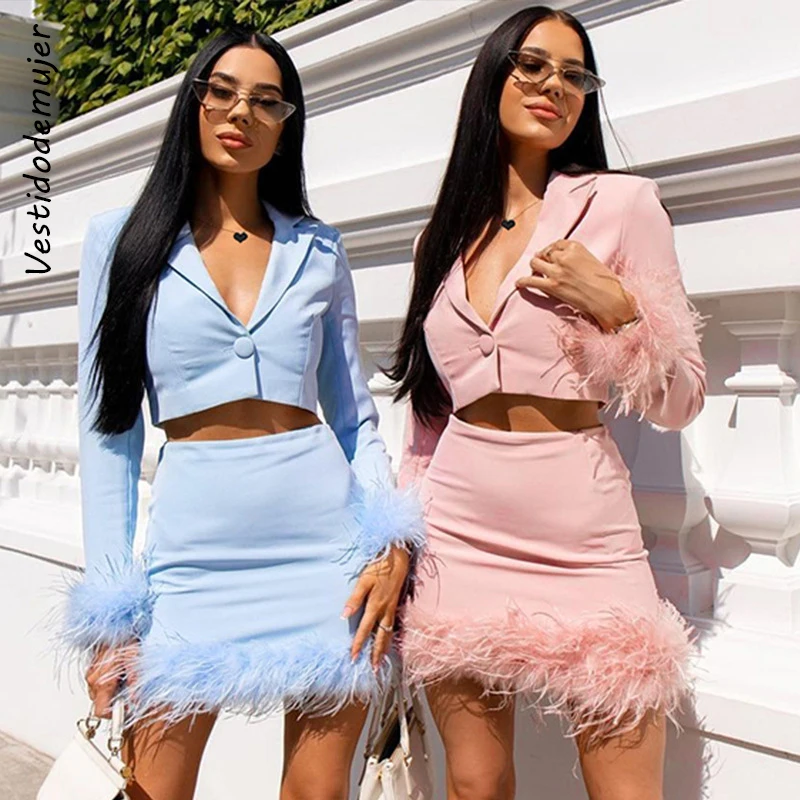 

Elegant Faux Fur Feather Blazer Suit Two Piece Sets Women Autumn 2022 Sexy Outfits Matching Set Long Sleeve Blazer and Skirt Set