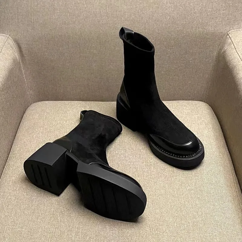 Spring and Winter Ankle Boots Round Head Zipper Women's Boots Thickened High Heels Shoes Boots Inner Heel Warm Shoes Botas Mujer