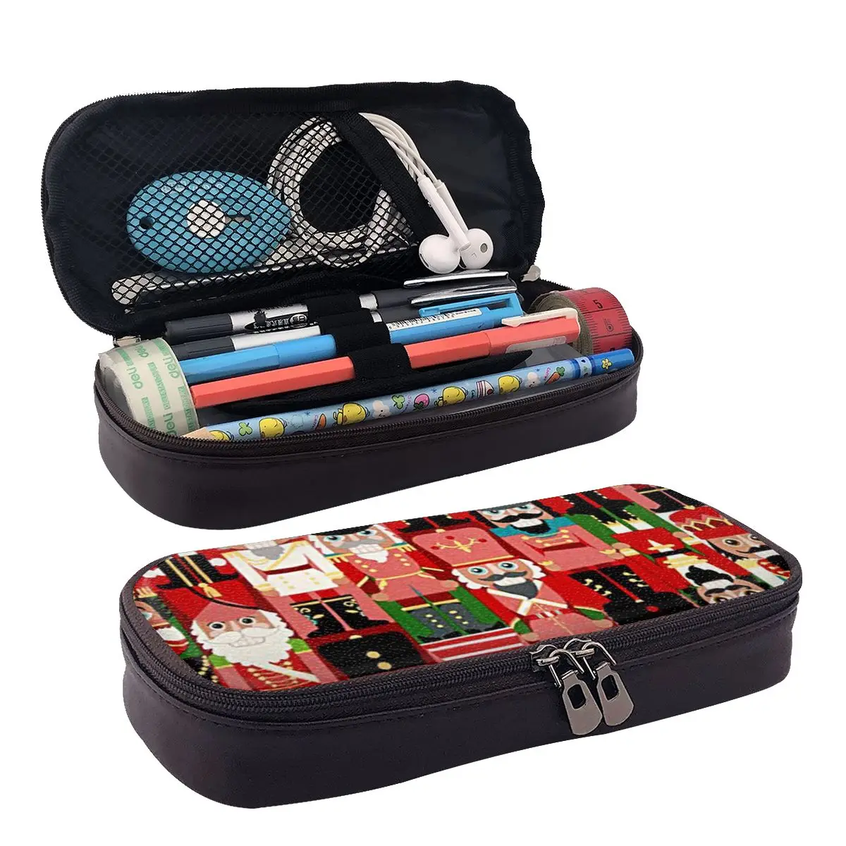 

Nutcracker Toy Soldiers Leather Pencil Case Zipper Pencil Box Stationery Pen Pouch for Boys Girls School Students Work Office