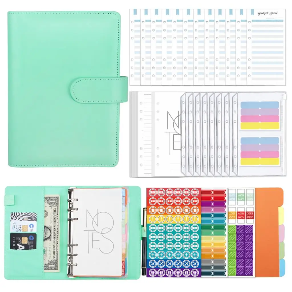 

A6 PU Leather Binder Set,Cash Envelopes Planner Organizer for Budgeting,with Binder Pockets,Budget Sheets,Filler Paper,Stickers
