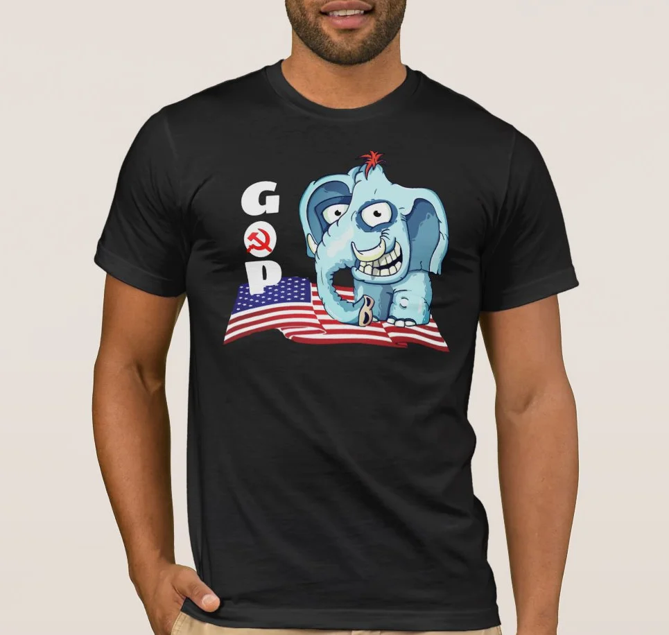 

Funny GOP Republican Elephant Stands on USA Flag T-Shirt. Summer Cotton O-Neck Short Sleeve Mens T Shirt New S-3XL