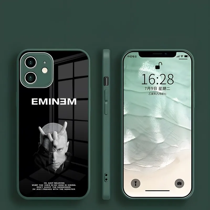 

Eminem American Male Rap Singer Phone Case For Iphone 14 13 Pro Max 12 11 Xr X Xs Mini 6 7 8 Plus Se 2022 Dark Night Green Glass