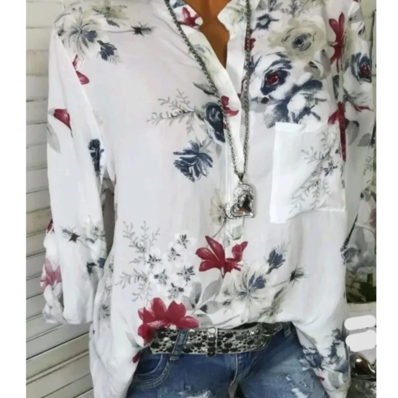 

Женская блузка на пуговицах, элегантная повседневная рубашка с длинным рукавом и цветочным принтом, базовый топ, весна-лето 2023