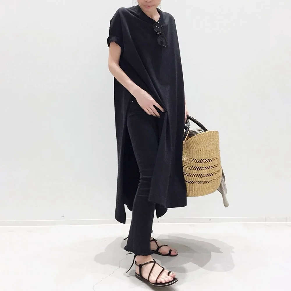 

Dresses For Women 2022 Summer Chic Asymmetrical Split Japanese Style Short Sleeve Plain Black Female Simple Casual Midi Dress