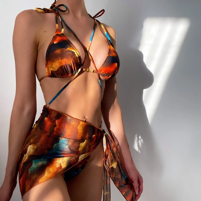 Bikini 2022Gradient Printing Triangle Cup Lace-up Sexy Three-Piece Suit Swimsuit Swimwear Women