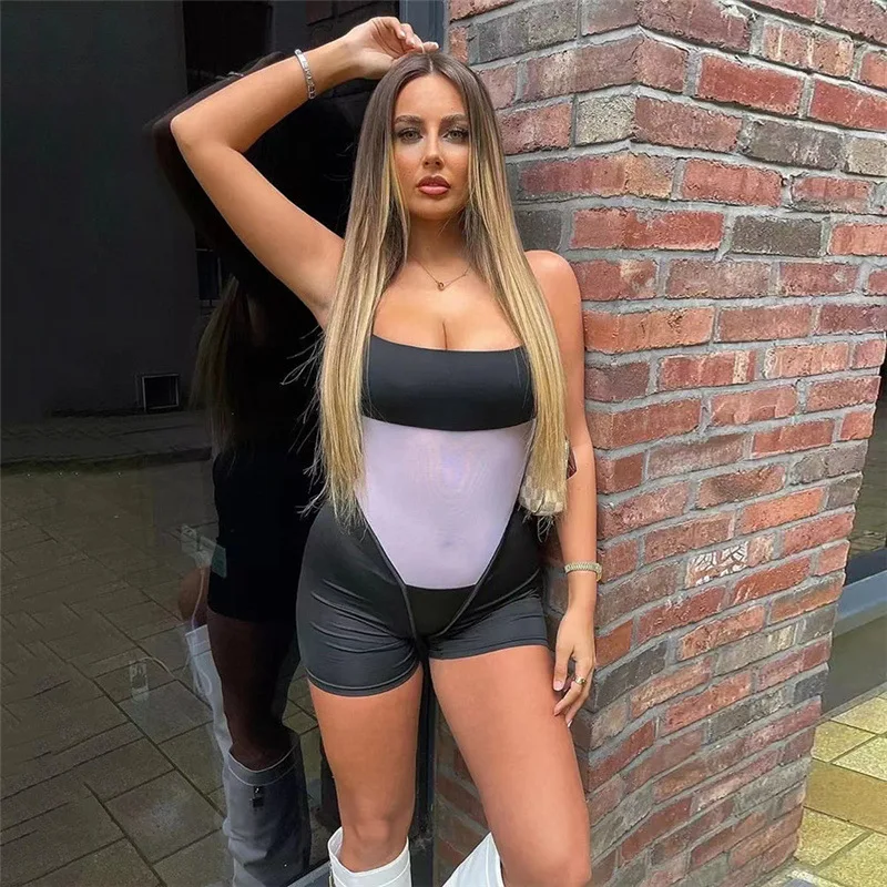 

Spaghetti Strap Jumpsuit Women Cutout Tight Skinny Summer Patchwork Playsuit Bodycon Short Jumpsuits Backless Sports Overalls