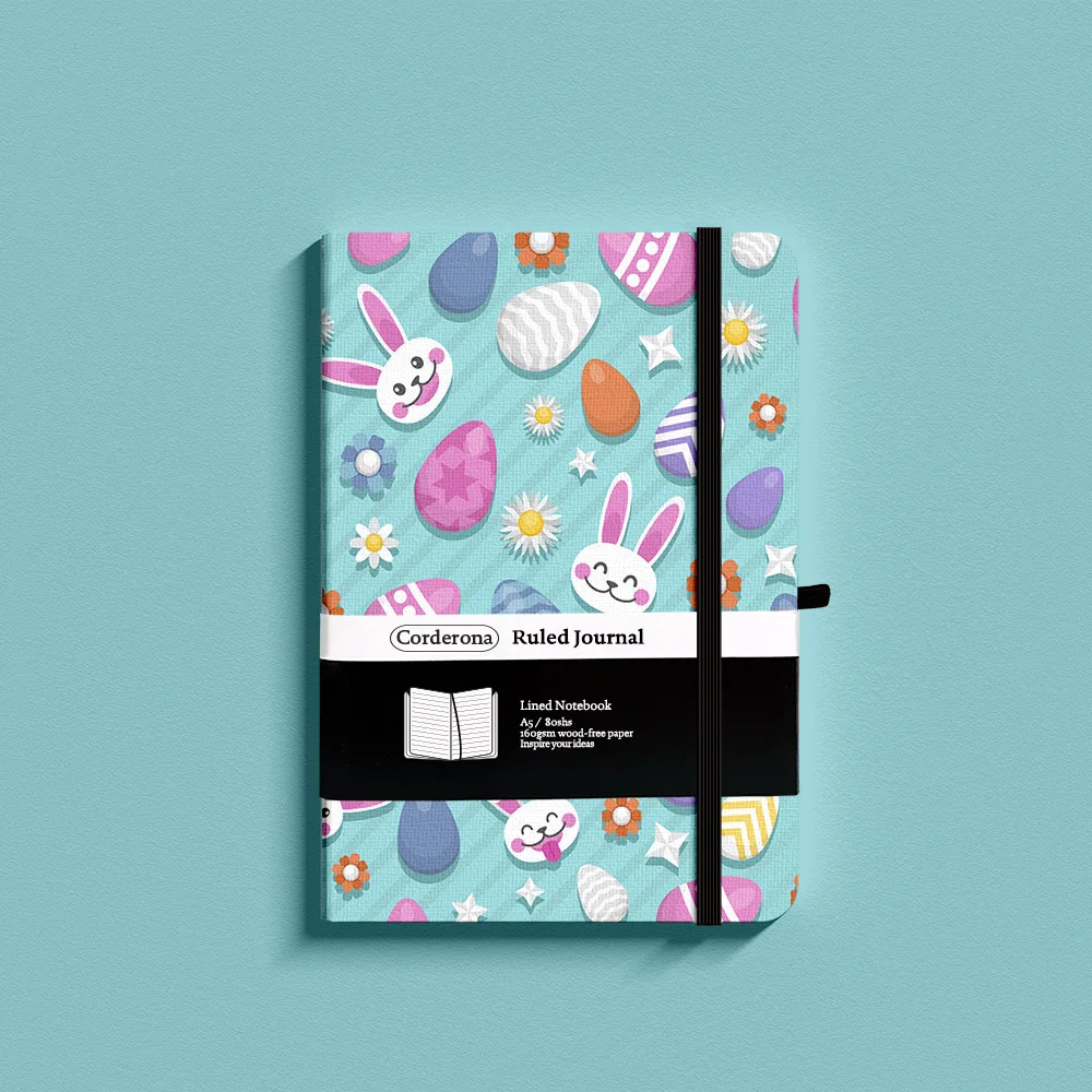 Corderona Easter Eggs Lined Notebook A5 Hard Cover 100gsm Elastic Band Back Pocket Pen Loop Ruled Journal