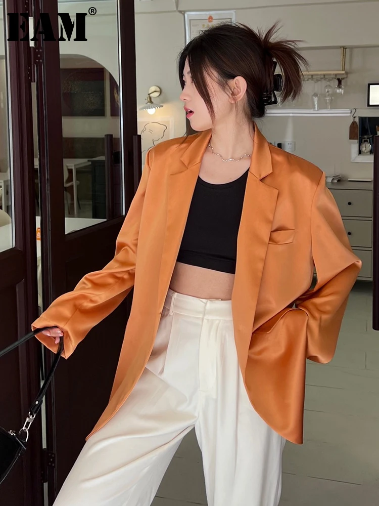 

[EAM] Women Brown Brief Big Size Casual Blazer New Lapel Long Sleeve Loose Fit Jacket Fashion Tide Spring Autumn 2022 1DE8903