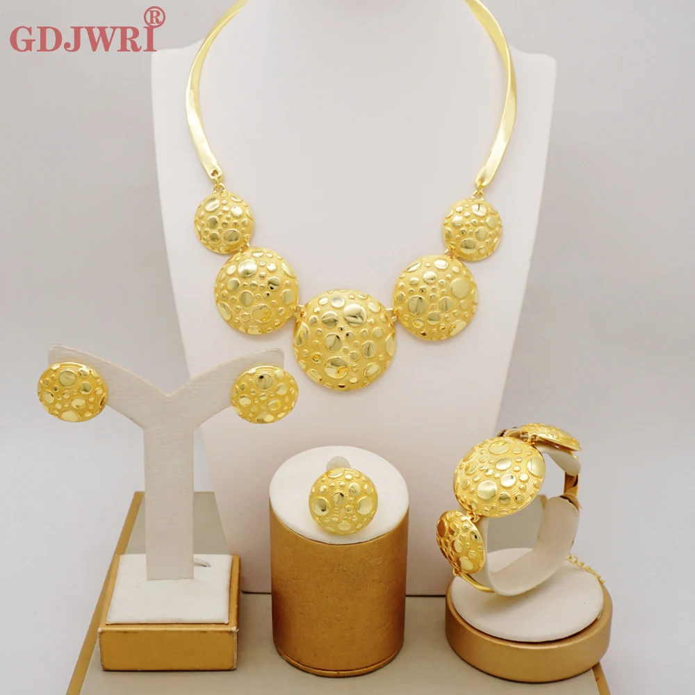 Luxury Dubai Gold Color Plated Bridal Italian Jewelry Round Necklace Bracelet Earrings Ring Wedding Party Gift Jewellery Set