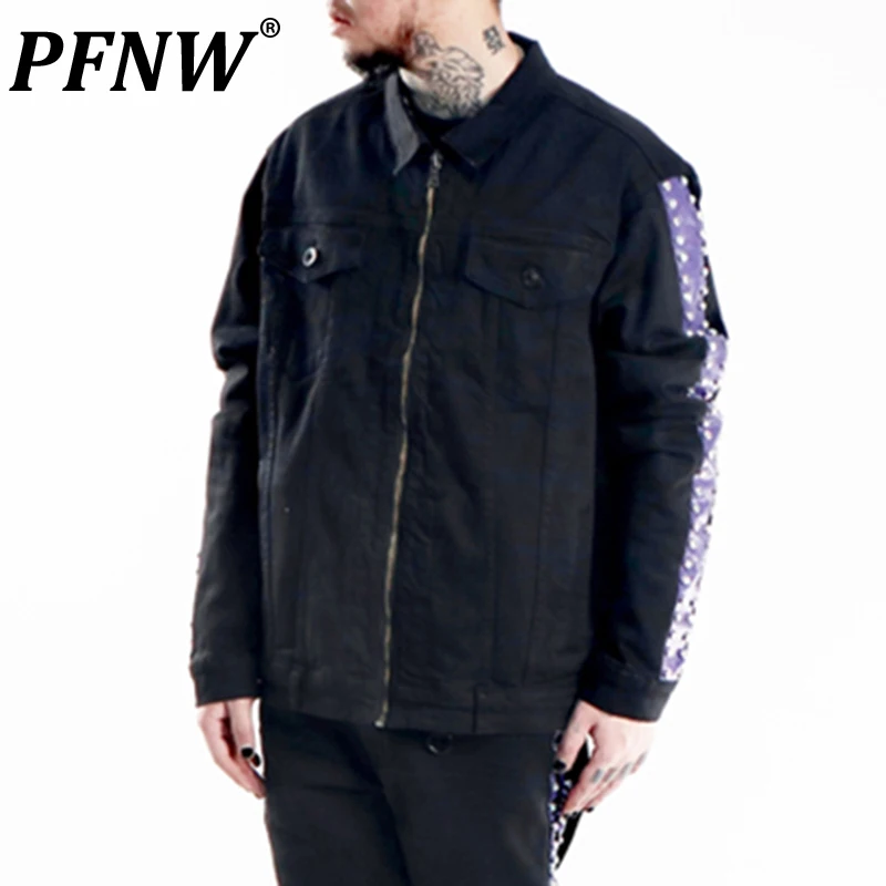 

PFNW Spring Autumn Men's Trendy Side Stripe Diamond Popular Rock Denim Jacket High Street Zippers Oversize Techwear Coat 12A7927