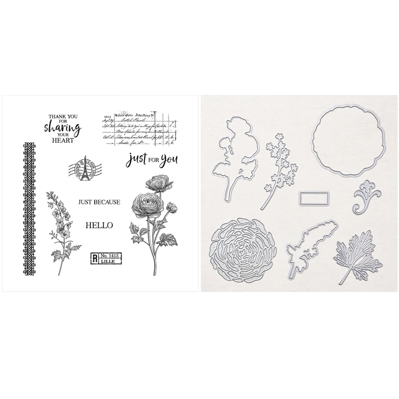 

Ranunculus Romance Stamp and Ranunculus Dies Floral Sentiments Clear Stamp For DIY Embossing Scrapbooking Card Making Crafts 20A