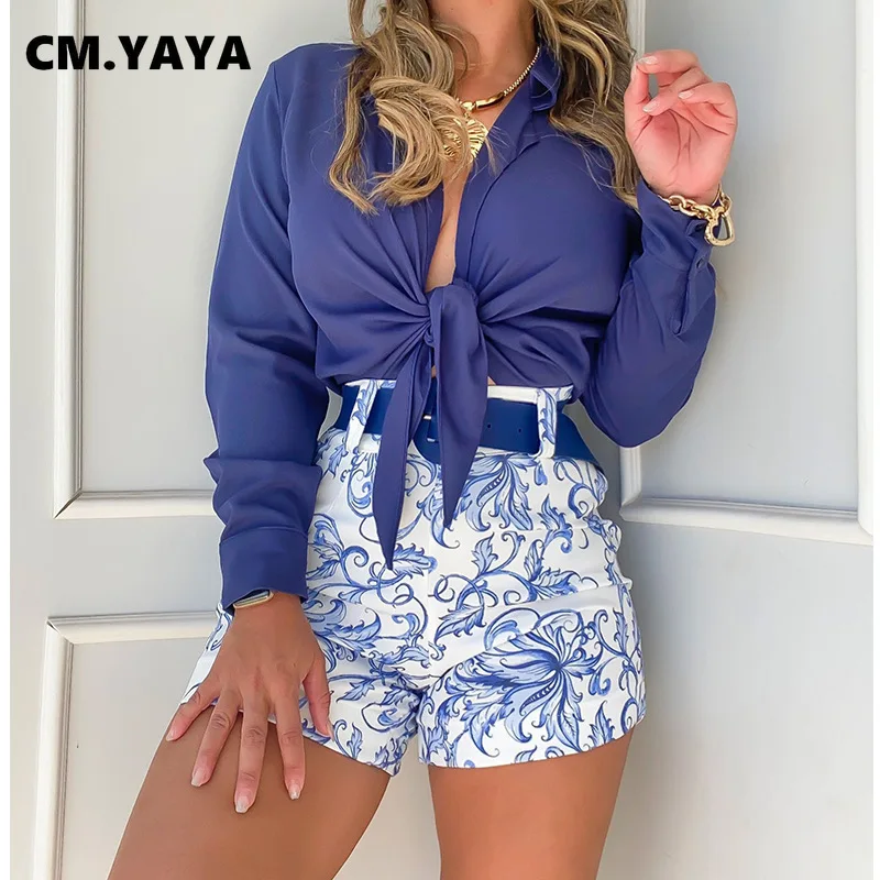 Женский элегантный комплект CM.YAYA рубашка с бантом и шорты пейсли-рисунком