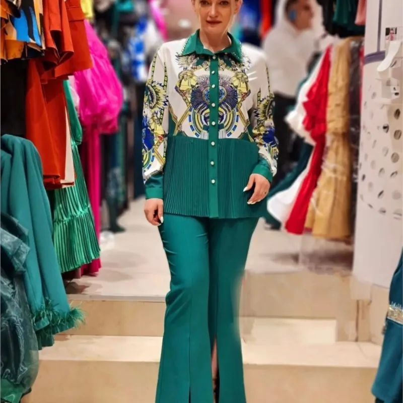 2 Piece Women's Set Spring Autumn Fashion Muslim Set Long Sleeve Shirt Blouse Trousers Set Office Lady Outfits Africaine Clothes