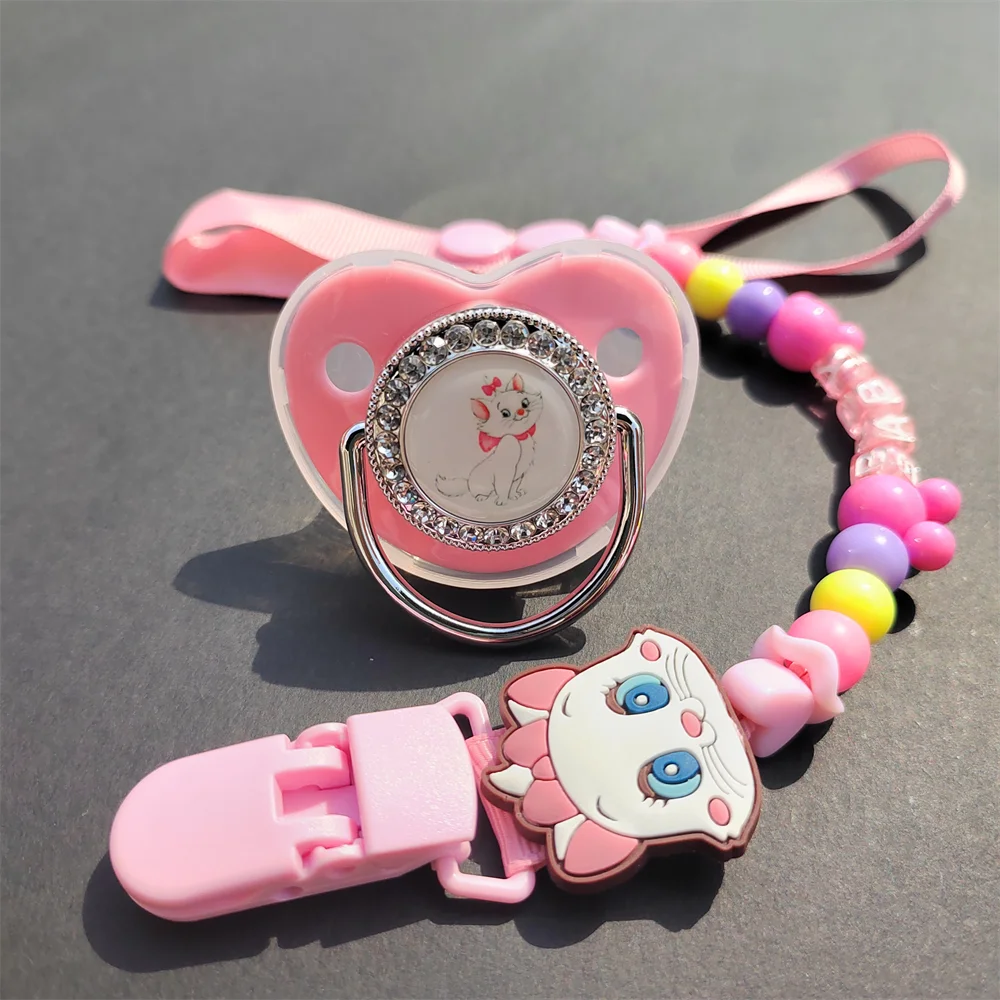 

[1 Set ] Disney Cat Teething Chew Soother Nipple with Chain Bling Rhinestone Gold Pink Transparent Dummy Gift Kid cadena chupete