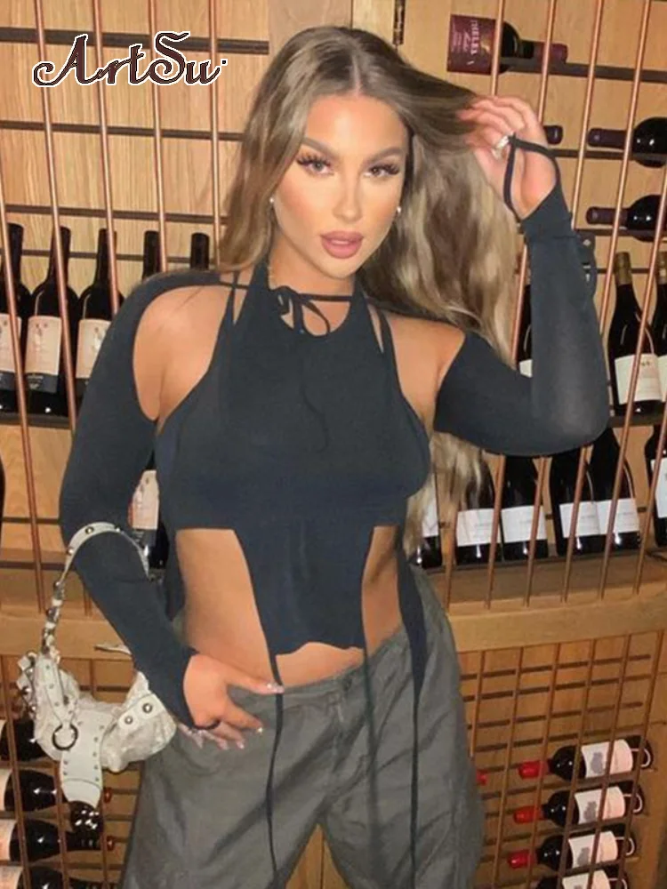 

Женская Однотонная футболка Artsu, черная облегающая укороченная футболка с длинным рукавом и капюшоном