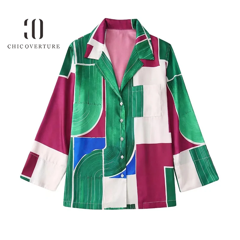 

Chic Overtrue Deep V-Neck Long Sleeve Turn-down Collar Color Patchwork Shirt for Women Geometric Design Pockets Causal Blouses