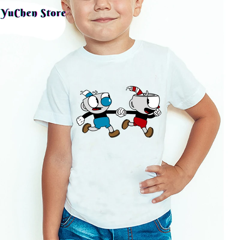 

Детская футболка с мультяшным принтом Cuphead, Детские Дизайнерские летние топы Dabbing Cuphead для мальчиков и девочек, Повседневная белая футболка, ...