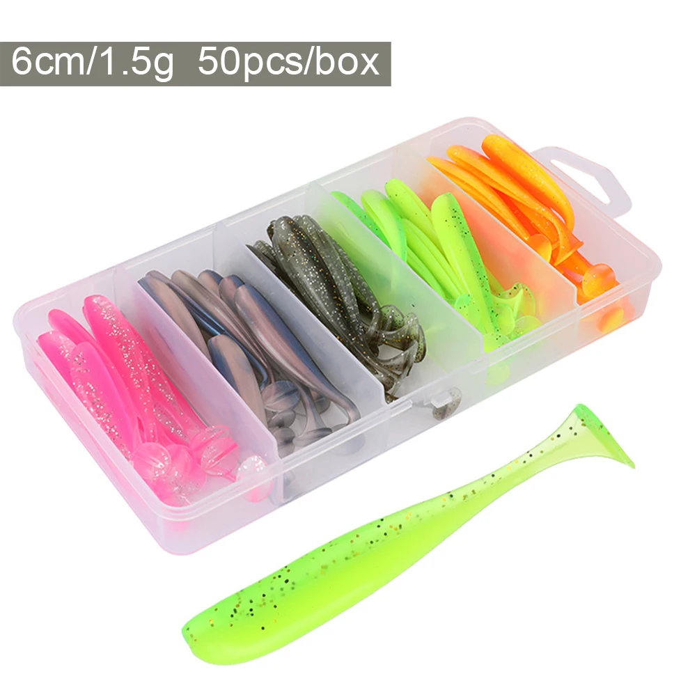 

50pcs/box Fishing Lure T Tail Spinner Soft Artificial Bait Paddle Tail Soft Worm Carp Bass Freshwater Fishing Tackle Accessories