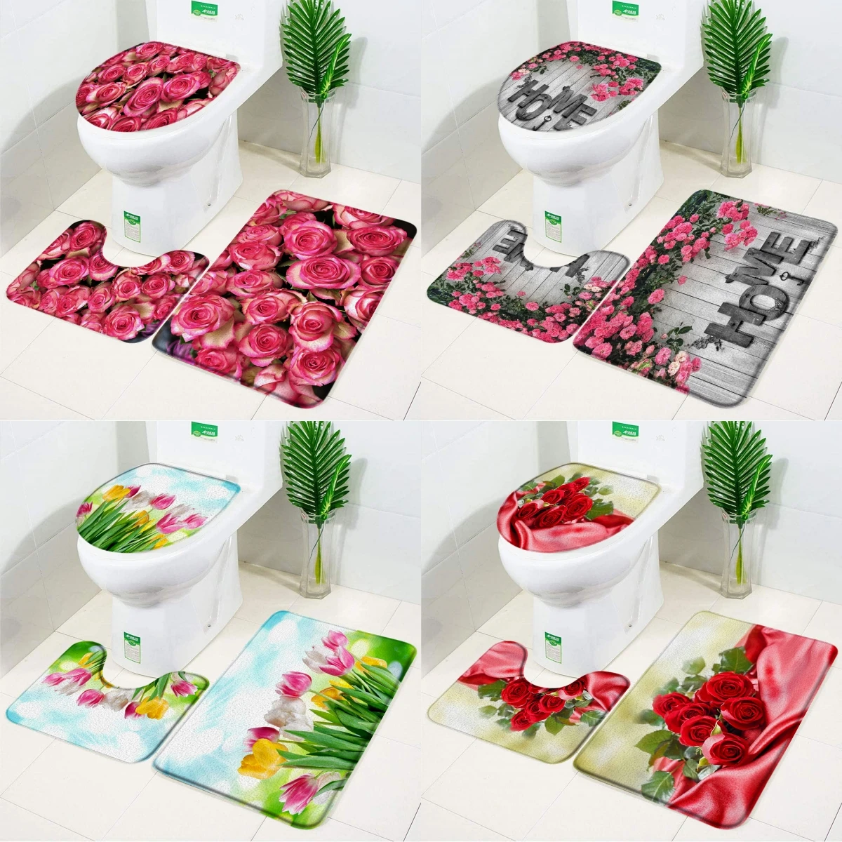 

Rose Flower Bath Mat Set Red Fresh Florals Fields and Garden Plant Non-slip Toilet Lid Foot Rug Floor Mat Bathroom Accessory Set