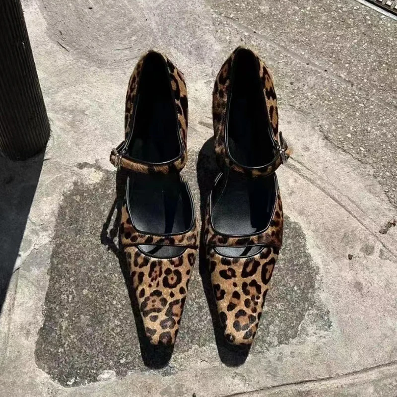 Leopard Print Pumps Womens Square Toe Designer Mary Jane High Heel Shoes Ladies Sandalias Para Mujer 2022