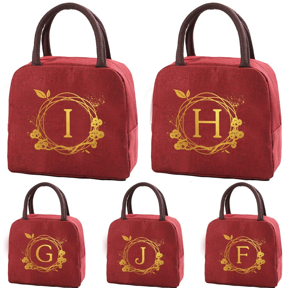 

Cooler Lunch Bag Portable Insulated Bento Tote Personality Wreath Letter Print Thermal School Picnic Food Storage Pouch Handbags