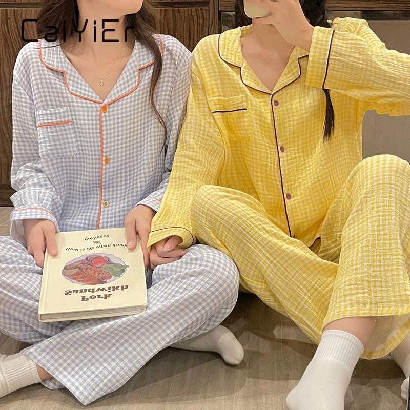 

CAIYIER Sweet Korean Grid Girls Sleepwear Suit Long Sleeve Casual Soft Nightwear Ulzzang Feamle Chic Pyjamas Winter Loungewear