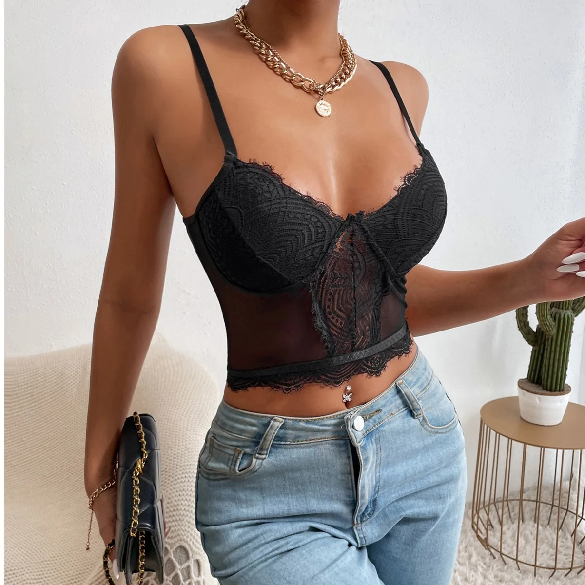 

Lace Tank Top Women Sexy Cropped Mesh Bras Push Up Sheer Tops Perspective Camisole Sexi Nightclub Lingerie Backless Streetwear
