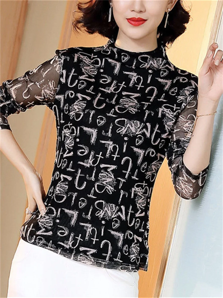 

Woman Spring Autumn Style Mesh Blouses Tops Lady Casual Long Sleeve Turtleneck Elastic Shirts Blouses ZZ1460