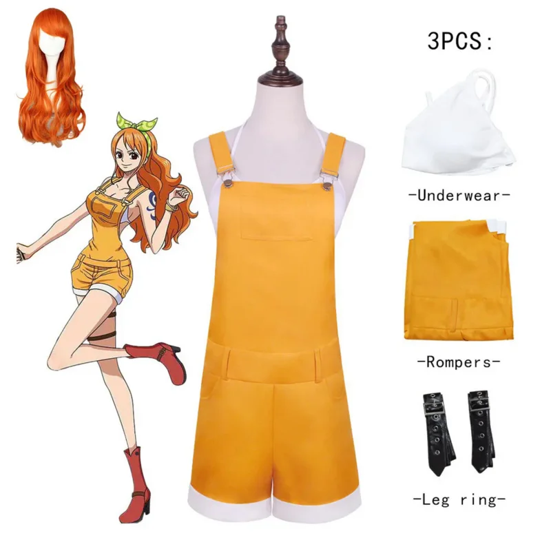 

Anime Nami Cosplay Costume Yellow Rompers White Underwear Black Leggings Orange Wig Man Woman Adult Sexy Kawaii Halloween Suit