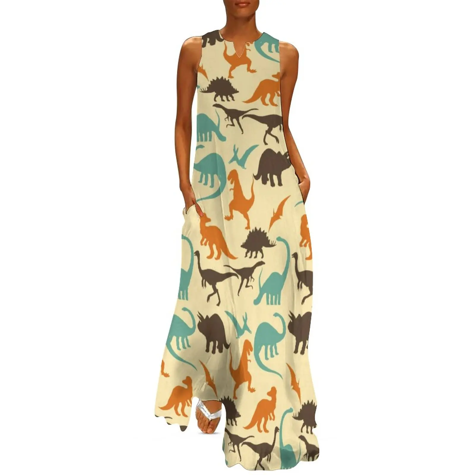 

Animal Silhouette Dress Summer Colorful Dinosaur Street Style Casual Long Dresses Women Print Beach Maxi Dress Big Size 4XL 5XL