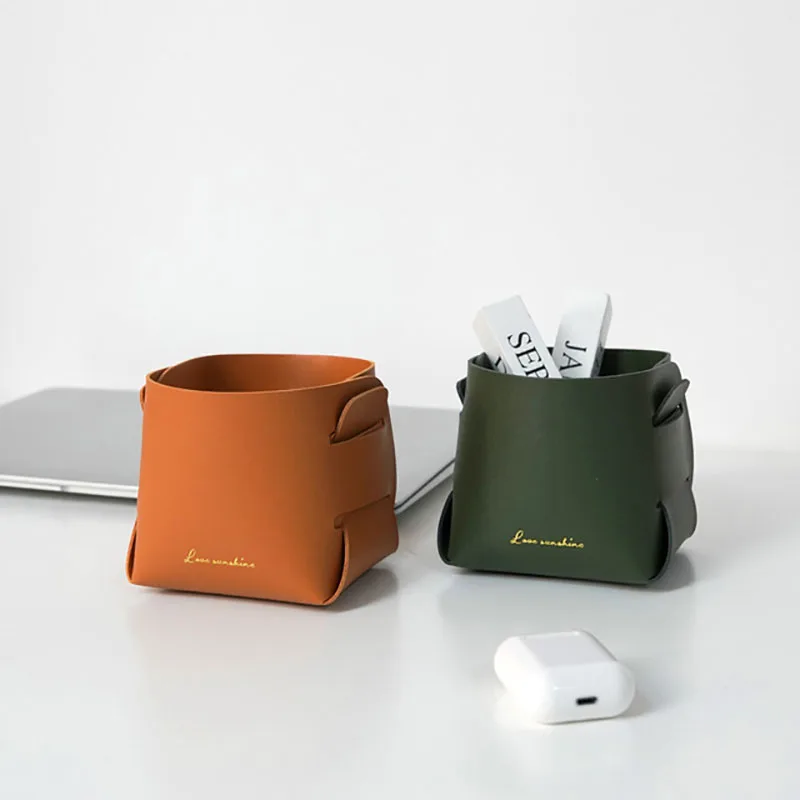 

Nordic PU Leather Storage Box Folding Desktop Sundry Organizer Living Room Office Stationery Storage Bag Cosmetic Storage Basket