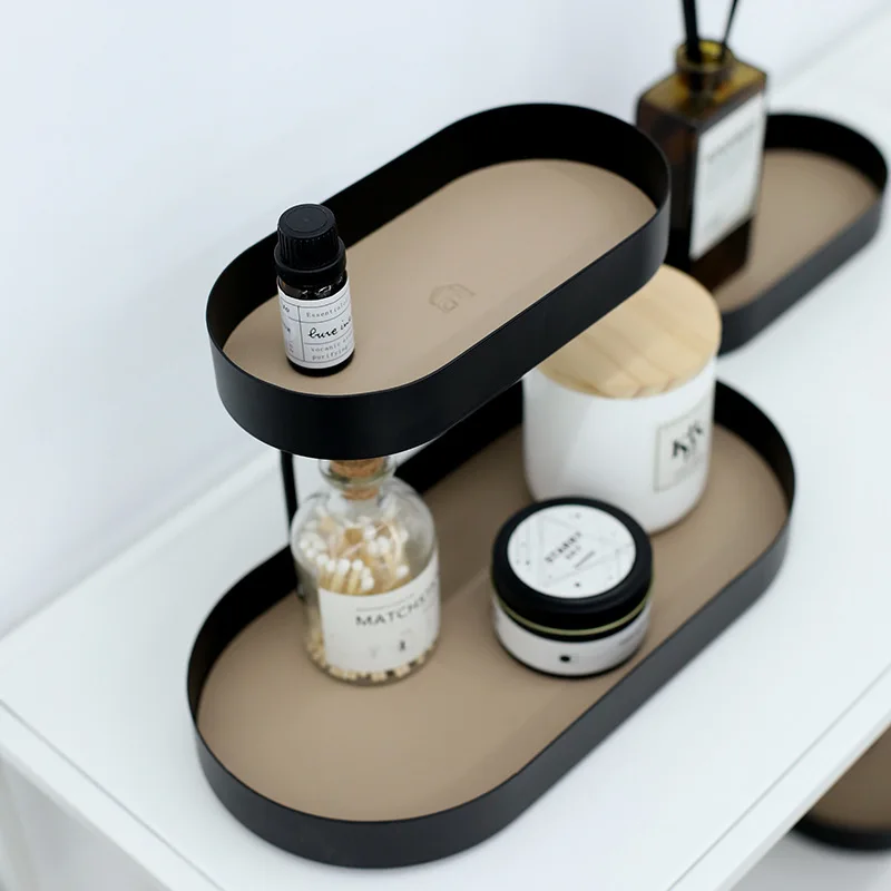 

Nordic household Tray for decoration Double simple organizer shelf Multifunctional wrought iron jewelry tray Oval Food tray