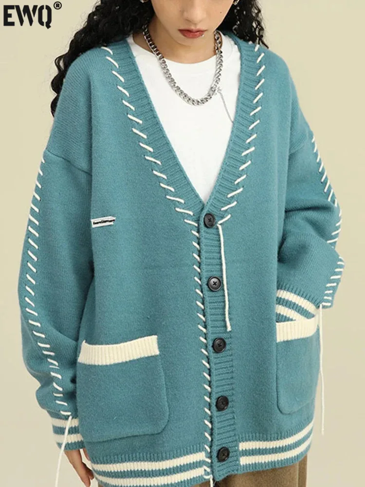 

[EWQ] 2023 Autumn Winter Tassel Stripe Knitted Drawstring V-neck Single Breasted Cardigan Sweater Women's Thick Warm Coat 6U6567
