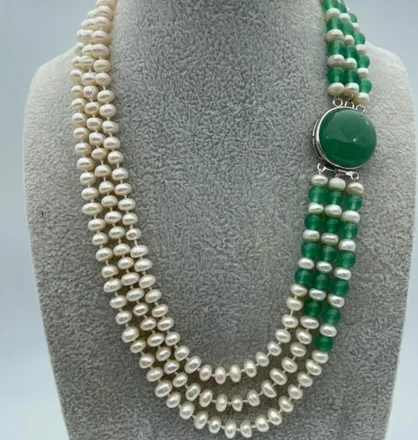 

Hot! Charming Women's Jewelry 3 row white freshwater pearl jade necklace