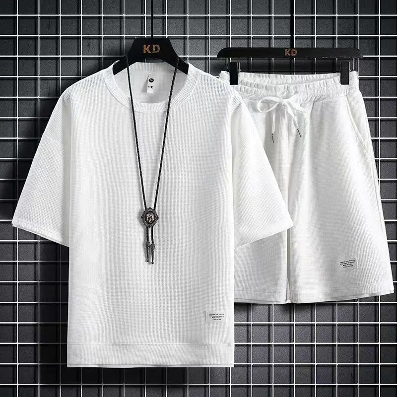 2023 New Waffle Casual Set Specially Designed for Men's Summer Youth Large Men's Sports Set Short T-shirt Paired with Shorts