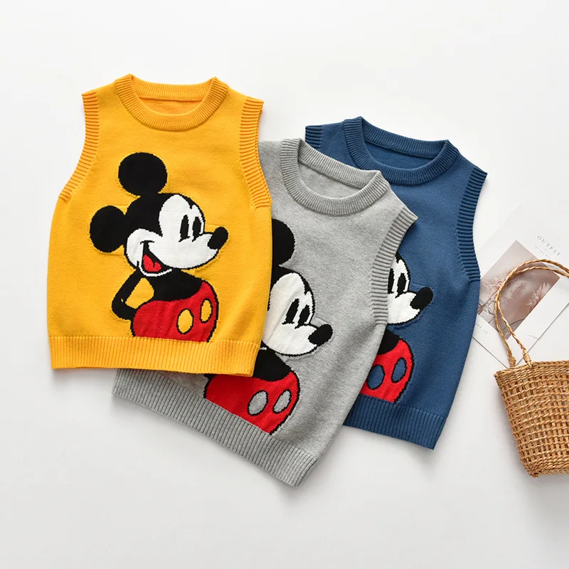 Kids Knitted Sweater Vest Toddler Boy Cute Cartoon Mickey Mouse Vest Baby Girls Kawaii Flowers Vest Waistcoat 90-140cm