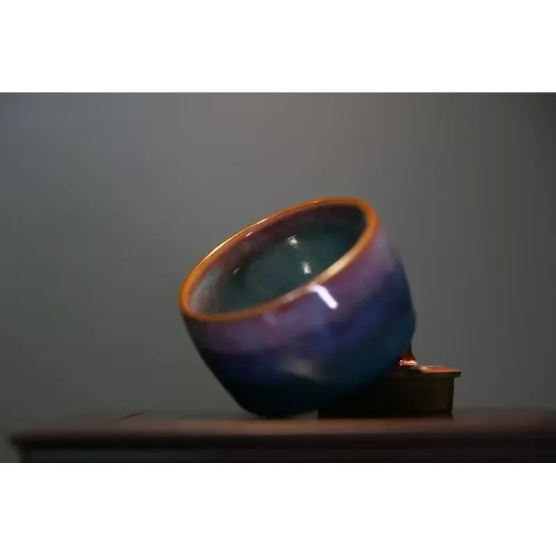 【CHIMU HOME】 Чашка для чая из фарфора ручной работы Jun Porcelain Arhat для азиатских дзен-наборов, с сине-золотой глазурью, термостойкая, 150 мл, для использования в кафе и (art.: 3920db53cbb4b) - 3920db53cbb4b