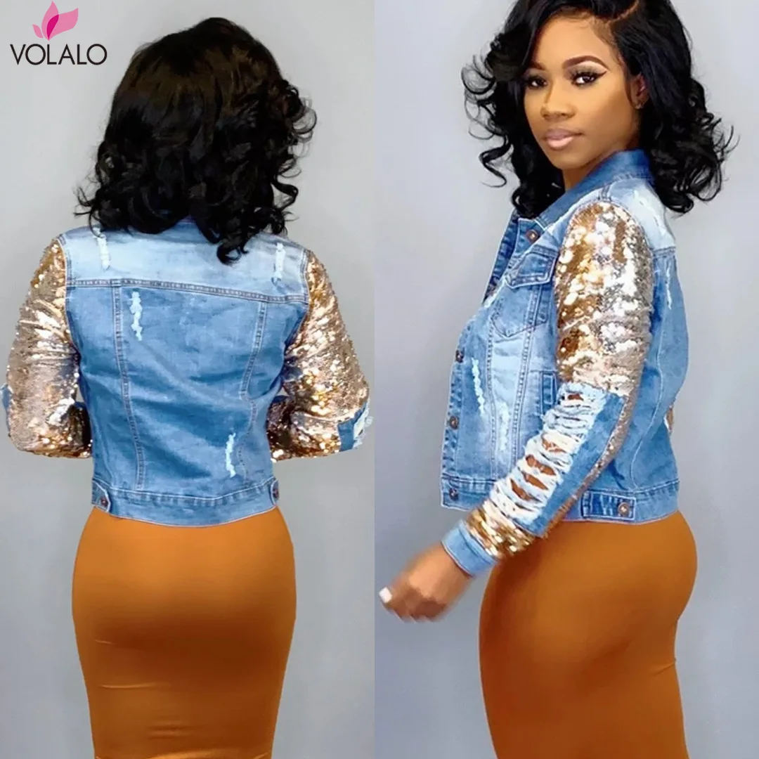 Повседневная джинсовая куртка с золотыми блестками женское пальто отложным